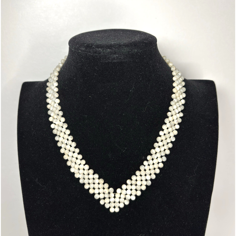 Vtg Mother of Pearl Beaded Shell V-Neck Necklace Bib Ivory White Hollywood Glam